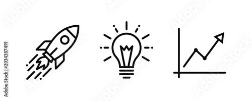 Innovation and data analysis icon collection with rocket ship lightbulb and statistical trend line for tech reports.