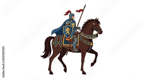 Photos A medieval knight in full armor riding a decorated warhorse with a lance