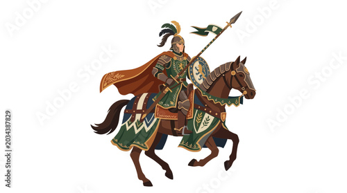 Konstfotografi A majestic medieval knight in green armor riding a warhorse with a spear