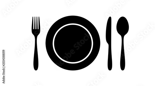 Minimalist black cutlery set icon with plate knife fork and spoon isolated on white
