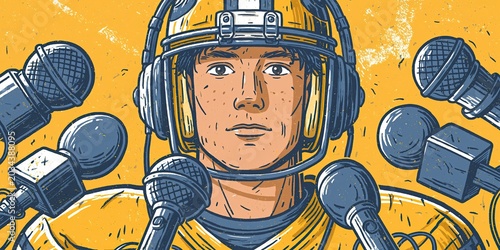 animation style football player surrounded by microphones during post-game press conference