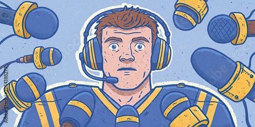 animation style football player surrounded by microphones during post-game press conference