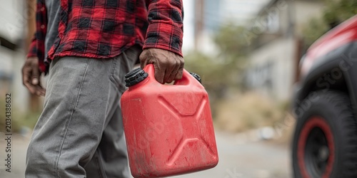 Photo, angled closeup of man carrying gas can