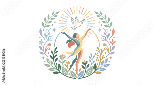 A symbolic watercolor illustration of a woman dancing with a dove of peace surrounded by a floral wreath.