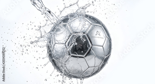 Dynamic fresh water splash on a metallic silver soccer ball, sports hydration and energy concept isolated on white background.