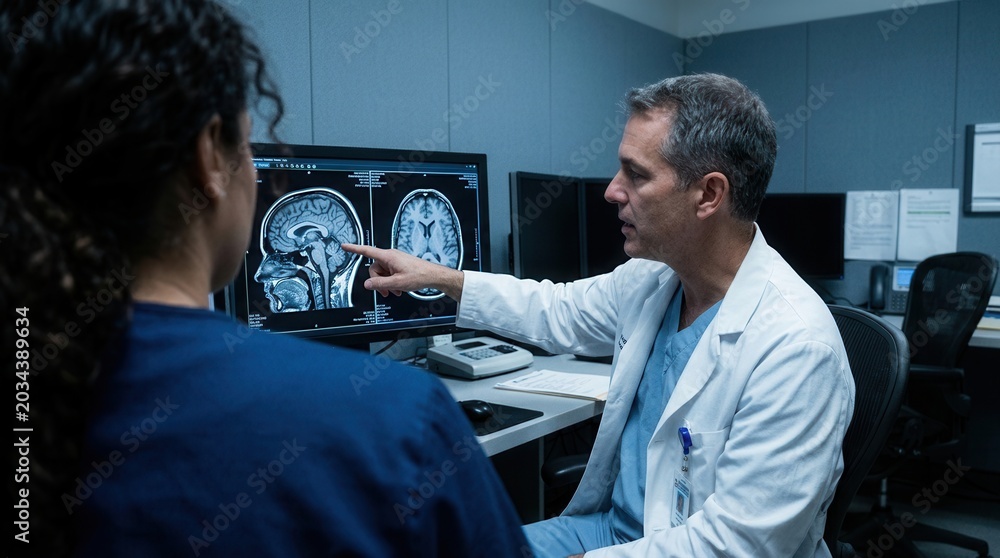 Fototapeta premium Medical Professionals Discussing Brain Scan Results in a Clinical Environment
