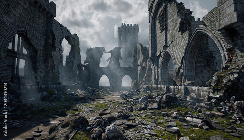 Ancient medieval castle ruins with collapsed stone walls and a tower in the mist
