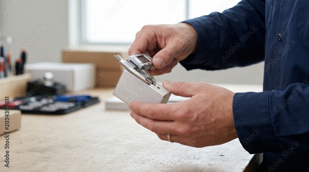Fototapeta premium Skilled worker's hands meticulously measuring a small component with a precision tool, emphasizing quality control and craftsmanship in a manufacturing or assembly setting