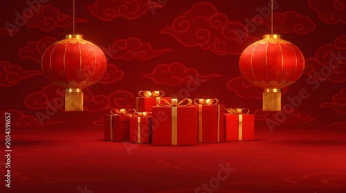 Red background with hanging lanterns and stacked gift boxes for festival celebration