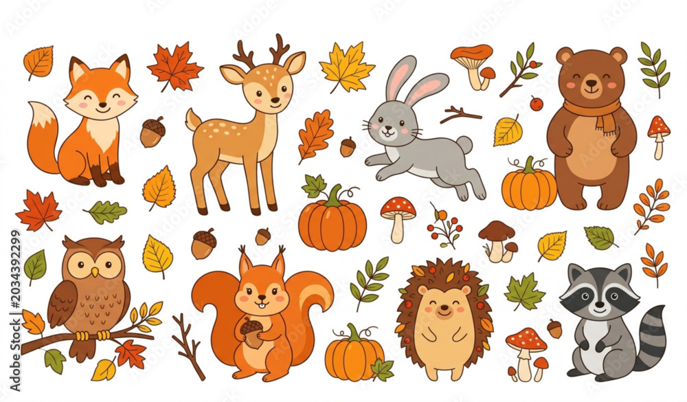 Fototapeta premium Autumn forest animal cartoon vector collection with cute woodland characters for kids design