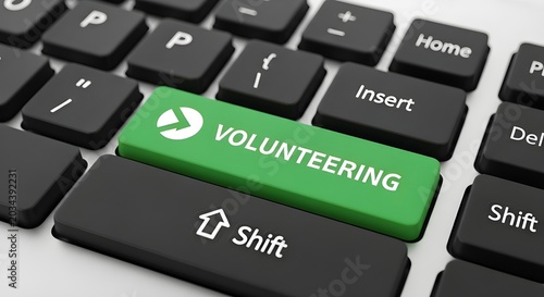 Clicking 'Volunteering' Key on Modern Computer Keyboard, Symbolizing Digital Commitment to Social Impact