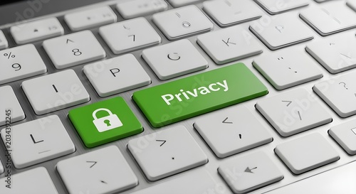 Close-up of keyboard with prominent green privacy and padlock keys symbolizing digital data protection and online security on a computing device.