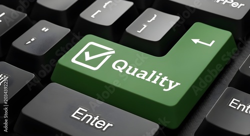Close-up of a computer keyboard highlighting a green 'Quality' key with a checkmark, symbolizing high standards and approval in a digital setting.