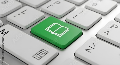 Green Key with Book Icon on a Modern Computer Keyboard Representing Digital Learning and Online Education Access