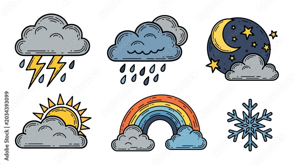 Fototapeta premium Weather icons with sun, clouds, and precipitation.