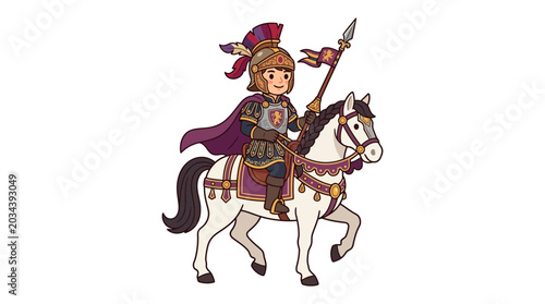 Foto Cartoon Illustration of a Brave Roman Soldier Riding a Horse.