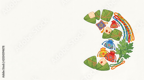 Hand drawn illustration of zongzi and sachets for dragon boat festival with traditional elements