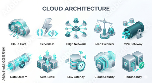 3D Cloud Infrastructure and Serverless Computing Architecture Icon Set