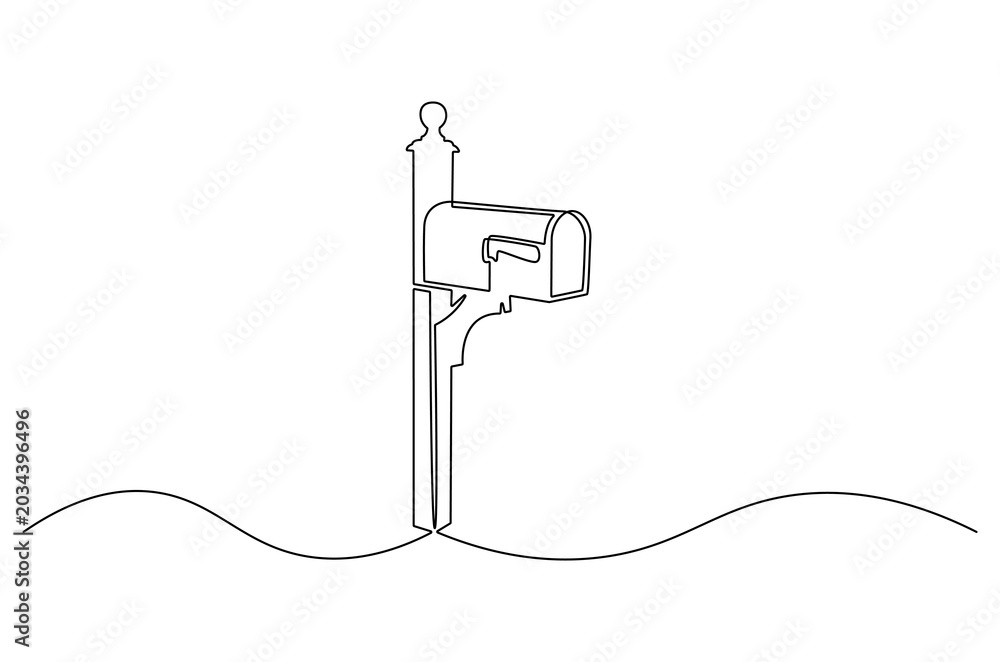 Obraz premium Continuous one line drawing of Mail Box. Single line drawing illustration of Post Box. Postal with envelope new message concept vector art. Doodle line illustration.