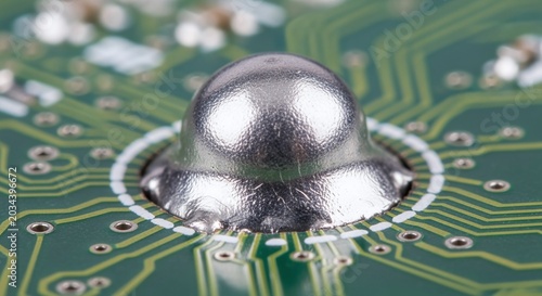 Macro view of a solder ball on a green circuit board, symbolizing technology and connectivity.