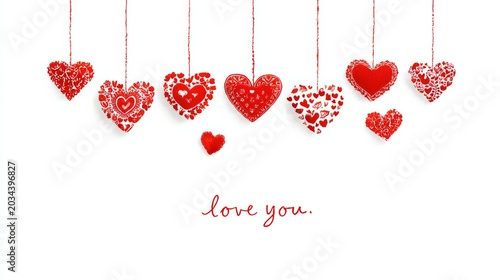 Hanging red hearts with love message on white background, romantic greeting card design, festive celebration, Valentine's Day.
