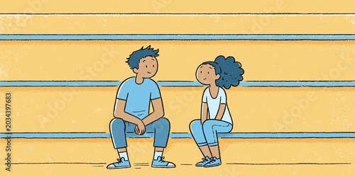 cartoon animation of two people (man and woman) talking on bleachers while seated alone