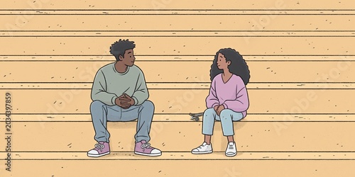 cartoon animation of two people (man and woman) talking on bleachers while seated alone