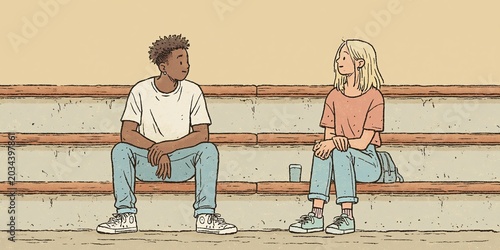 cartoon animation of two people (man and woman) talking on bleachers while seated alone