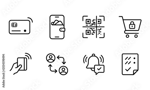 Fotografie Secure payment icon set with outline chip card mobile wallet QR code and cart lo