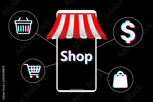 E-commerce shopping and selling app. Shopping, sale of goods from the Internet. Promotion of goods and services. Popular social media design.