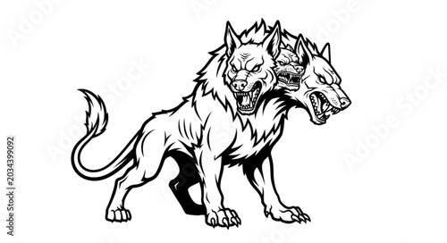 Bild auf Leinwand Three Headed Dog Mythical Creature Illustration.