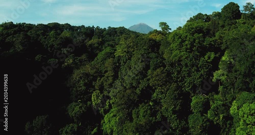 Drone flying above tropical forest with sunlight breaking through clouds
