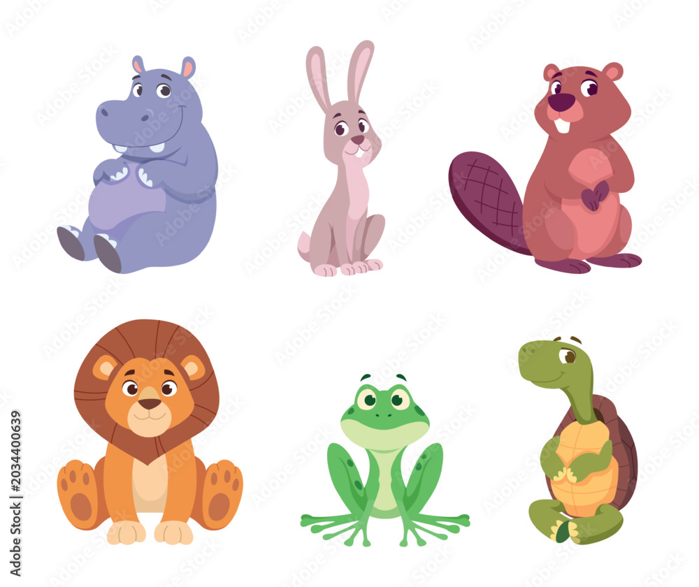 Naklejka premium Cute animals. Vector set with baby tiger koala dolphin monkey and other cartoon pets in playful exact style
