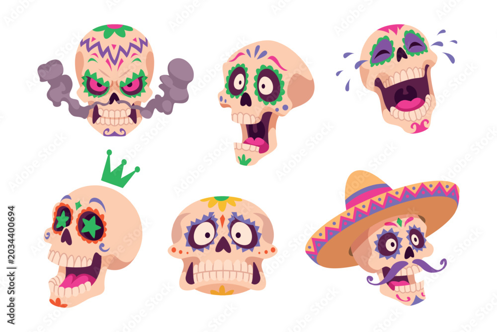 Fototapeta premium Skull doodles. Vector set with funny cartoon skulls bones and spooky exact character elements