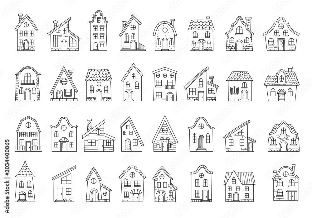Obraz premium House doodles. Vector collection of cartoon homes with outline details windows roofs and playful recent design elements