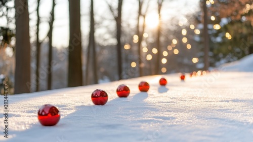 Path of red ornaments in snow with sun and lights in trees