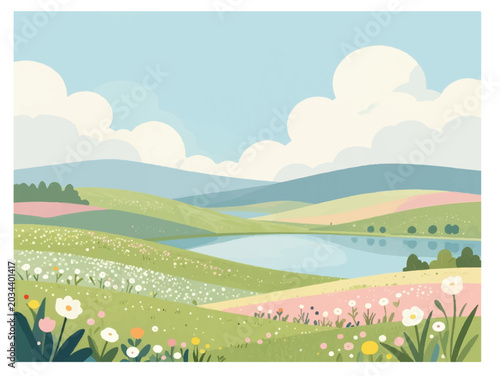Beautiful vector landscape of blooming wildflower fields and green rolling hills with a calm lake under a cloudy blue sky