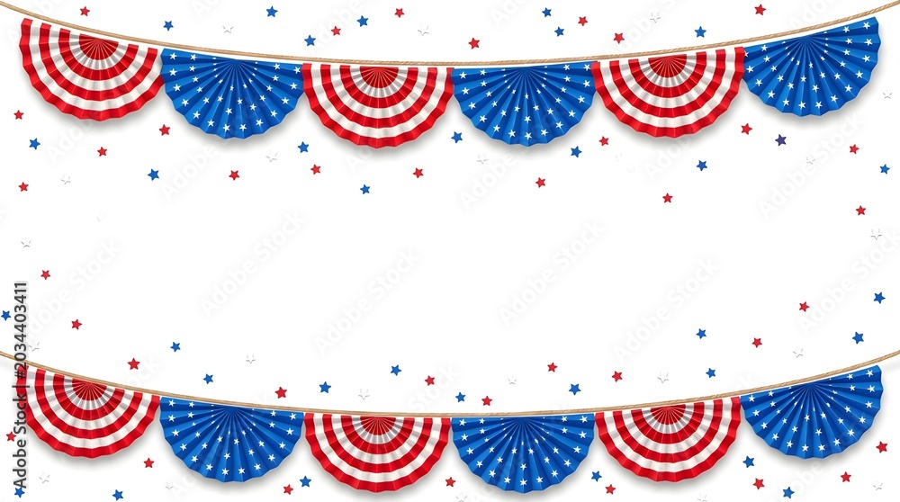 Obraz premium Patriotic american flag bunting and star confetti on white background