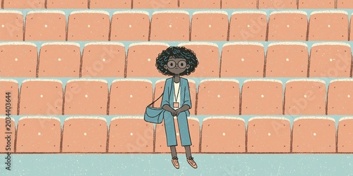 Reporter sitting in bleachers alone