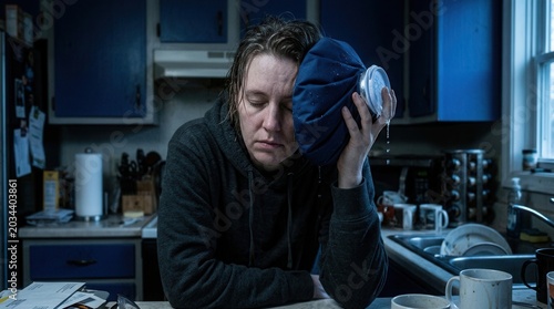 Person With Ice Pack On Head Experiencing A Migraine