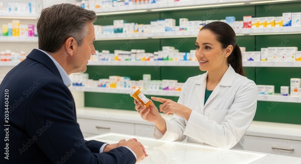 Fototapeta premium Pharmacist Explaining Medication Details To A Customer In A Modern, Well-Stocked Pharmacy Setting