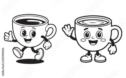 Vintage coffee cup mascot character walking and waving retro cartoon vector