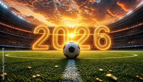 Soccer ball on field with 2026 glowing numbers.