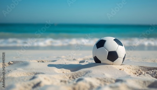 Soccer ball rests on sandy beach by blue ocean waves.