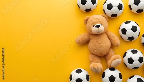 Teddy bear plush lying among many soccer balls.