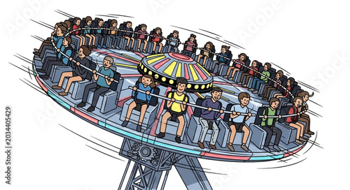 Schilderij op canvas Thrilling Amusement Park Ride with People Enjoying the Spin.