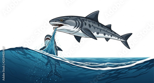 Foto Tiger shark attacking a smaller fish in the ocean.