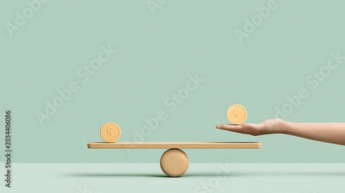 Conceptual balance of finance with a hand holding a coin on a scale