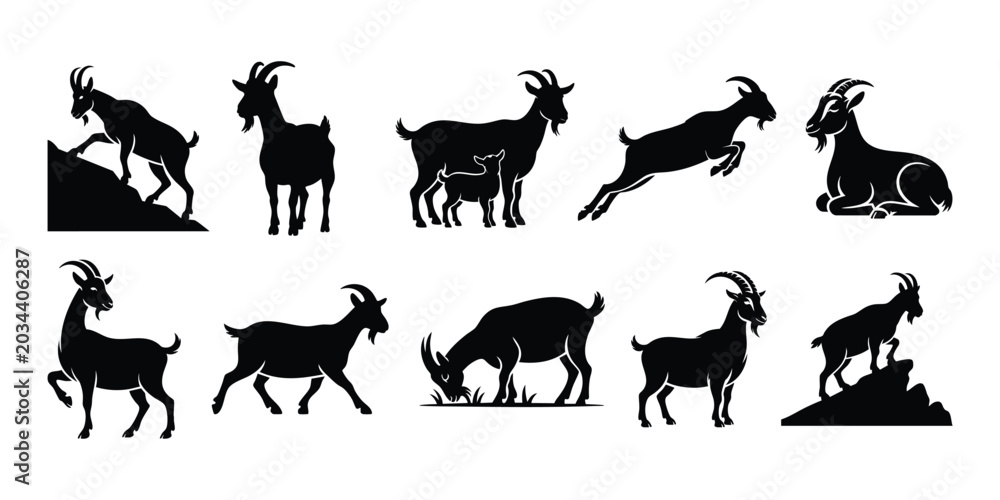 Obraz premium Goat Silhouettes Vector Collection - Domestic and Wild Goats Set