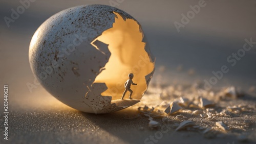 Surreal new beginnings tiny person steps out of broken egg shell into sunrise rocky landscape dreamlike environment inspirational concept